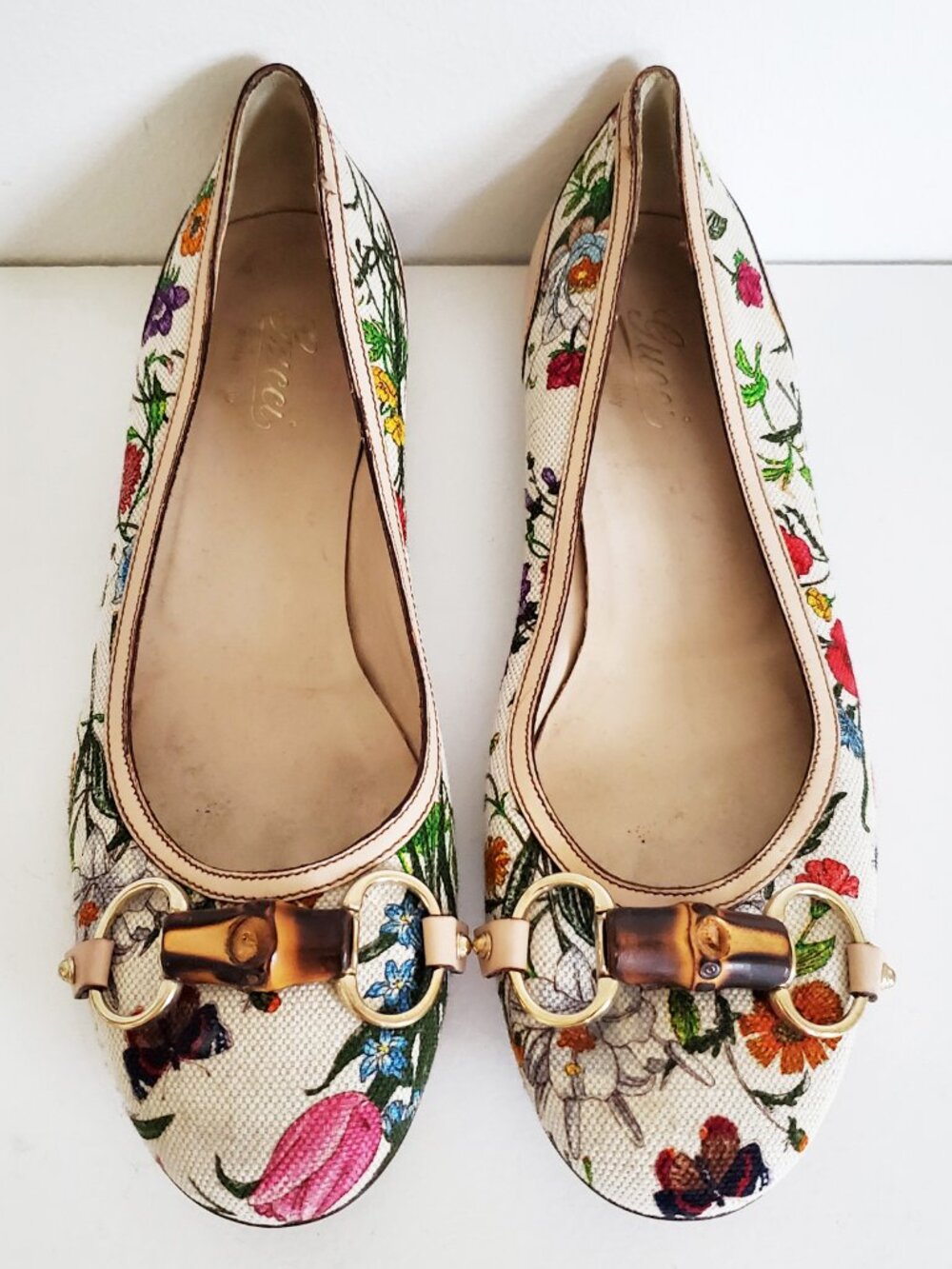 Gucci Bamboo Horsebit Floral Ballet Flats Vintage Leather Canvas Size 38
